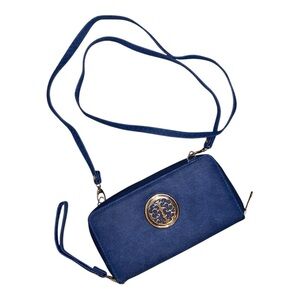 DASEIN Large Wallet Crossbody Bag &  Strap Wristlet Dark Blue Gold Tone Hardware